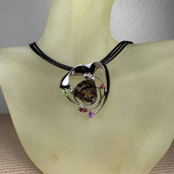 NEW Sterling Silver & Smoky Quartz Pendant with Garnet Amethyst and Peridot - Picture 2 of 5